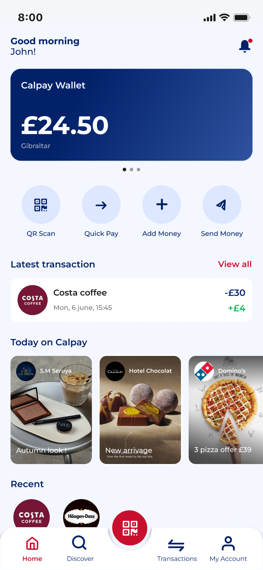 CalPay app home screen showing wallet balance, quick actions, and today's merchants